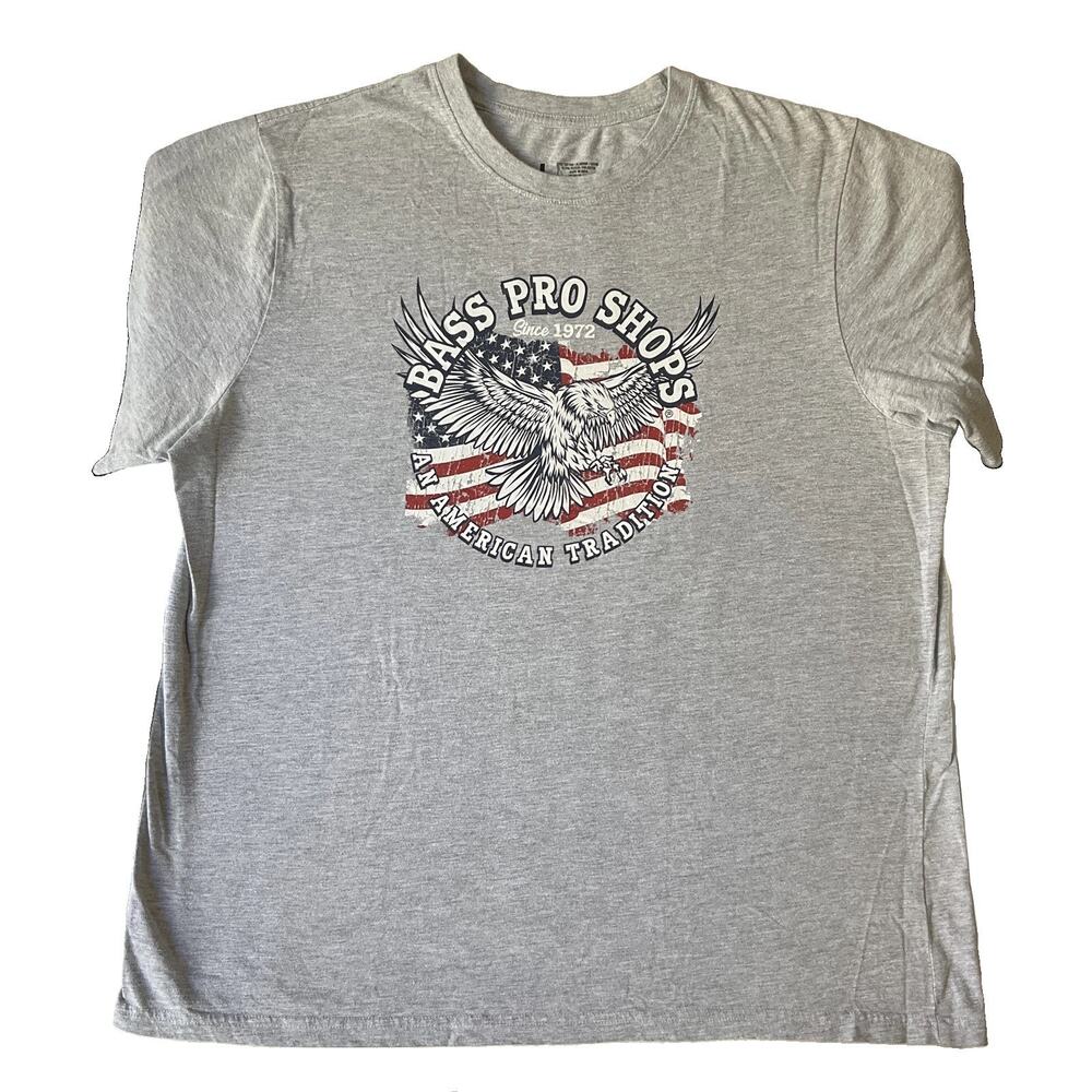 Bass Pro Shops Men Shirt L Gray Graphic Print Eagle American Flag Short Sleeve